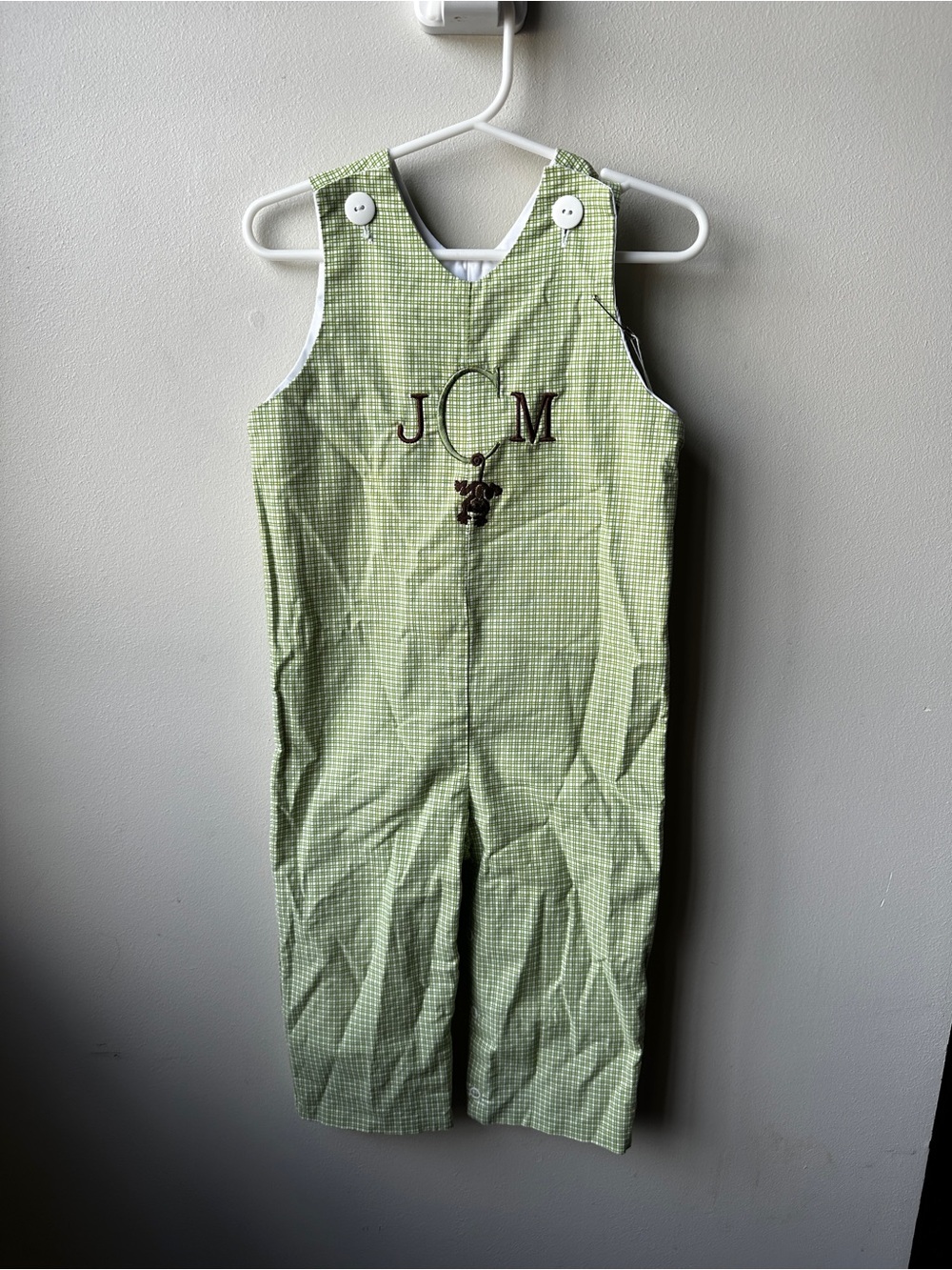Three Little Monkeys Boys 3T Green Check Jon Jon Longall JCM Monkey Monogram